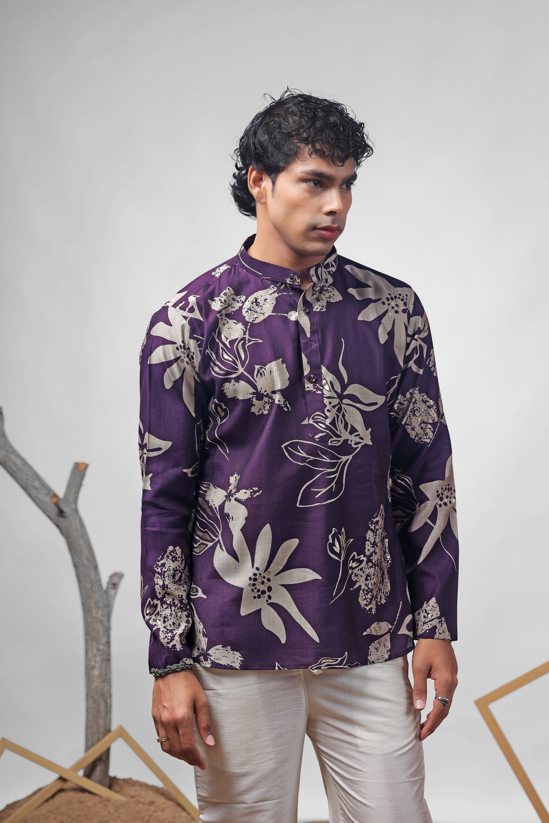 Purple Floral Print Short Kurta