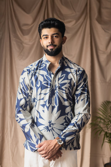 Blue Floral Print Short Kurta