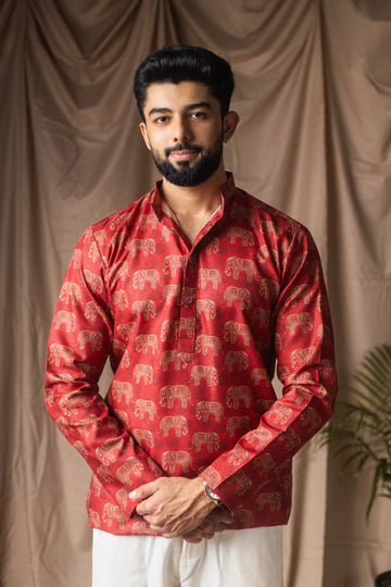 Red Linen Blend Short Kurta
