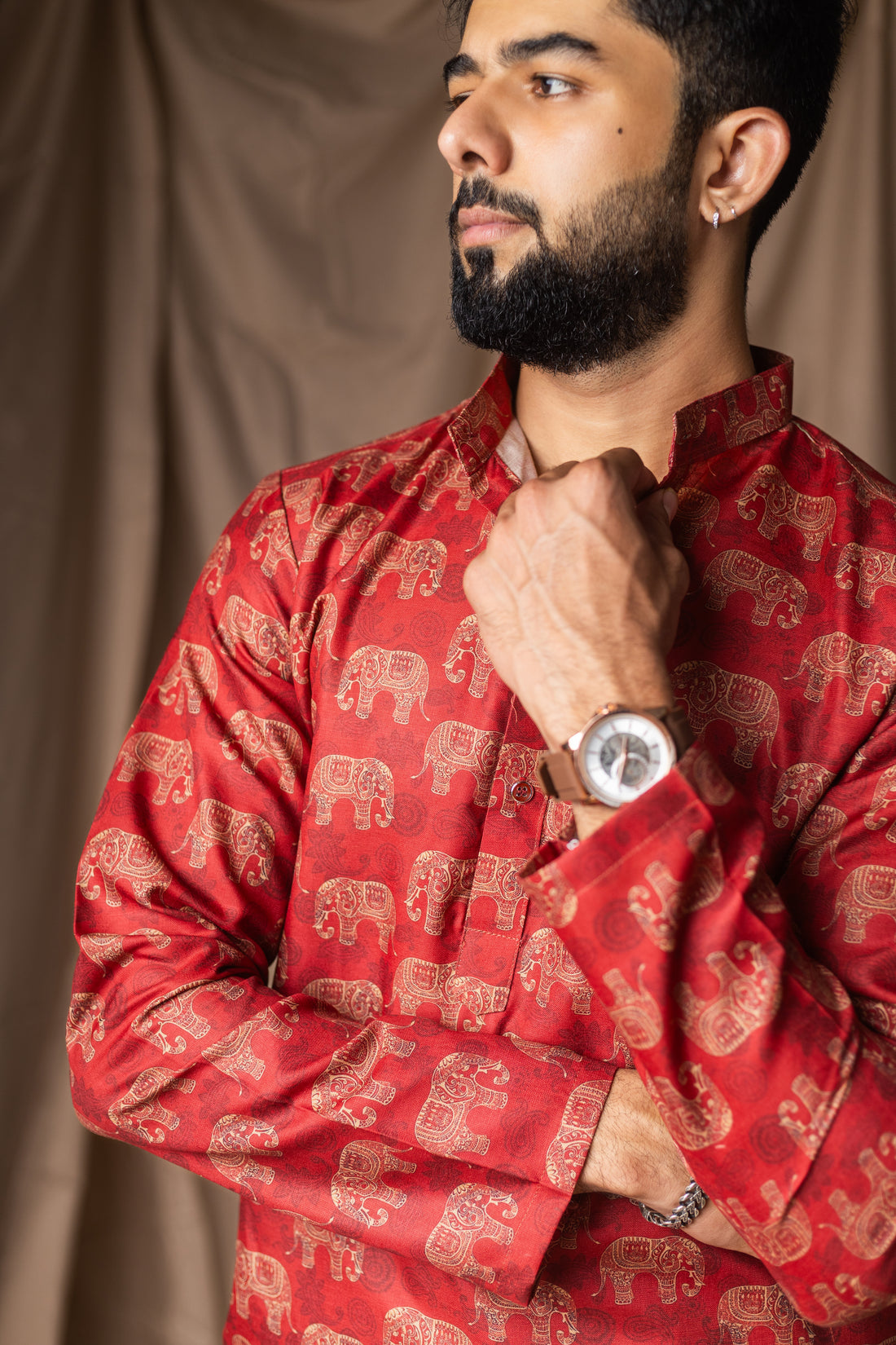 Red Linen Blend Short Kurta
