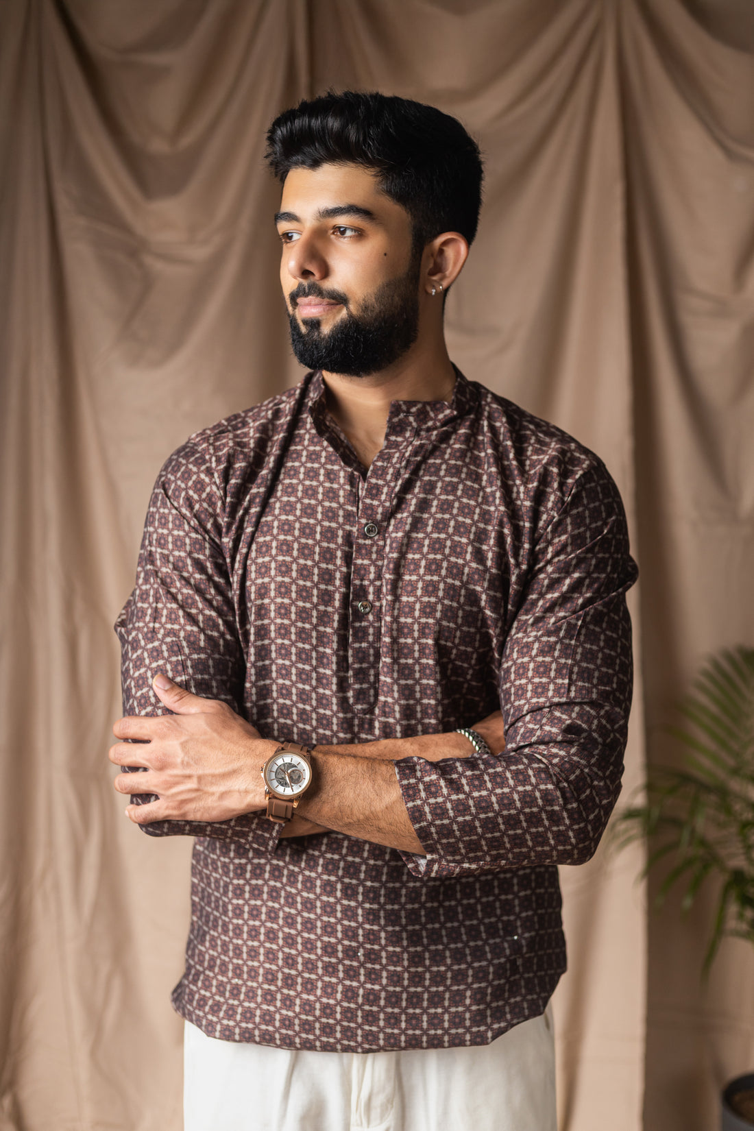Brown Linen Blend Short Kurta