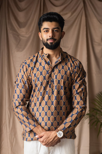 Blue Linen Blend Short Kurta