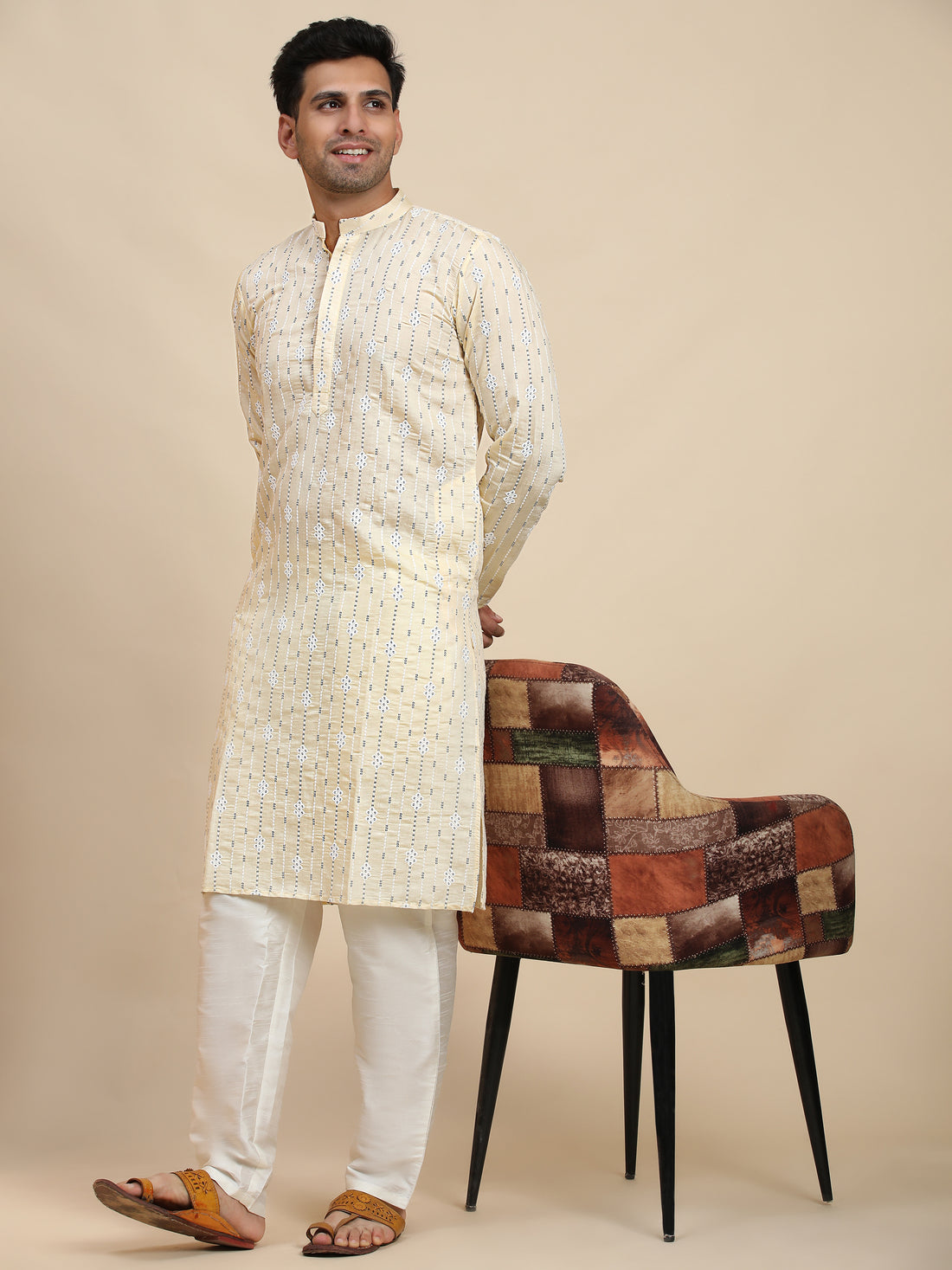 Cream Embroidered and Sequence Kurta