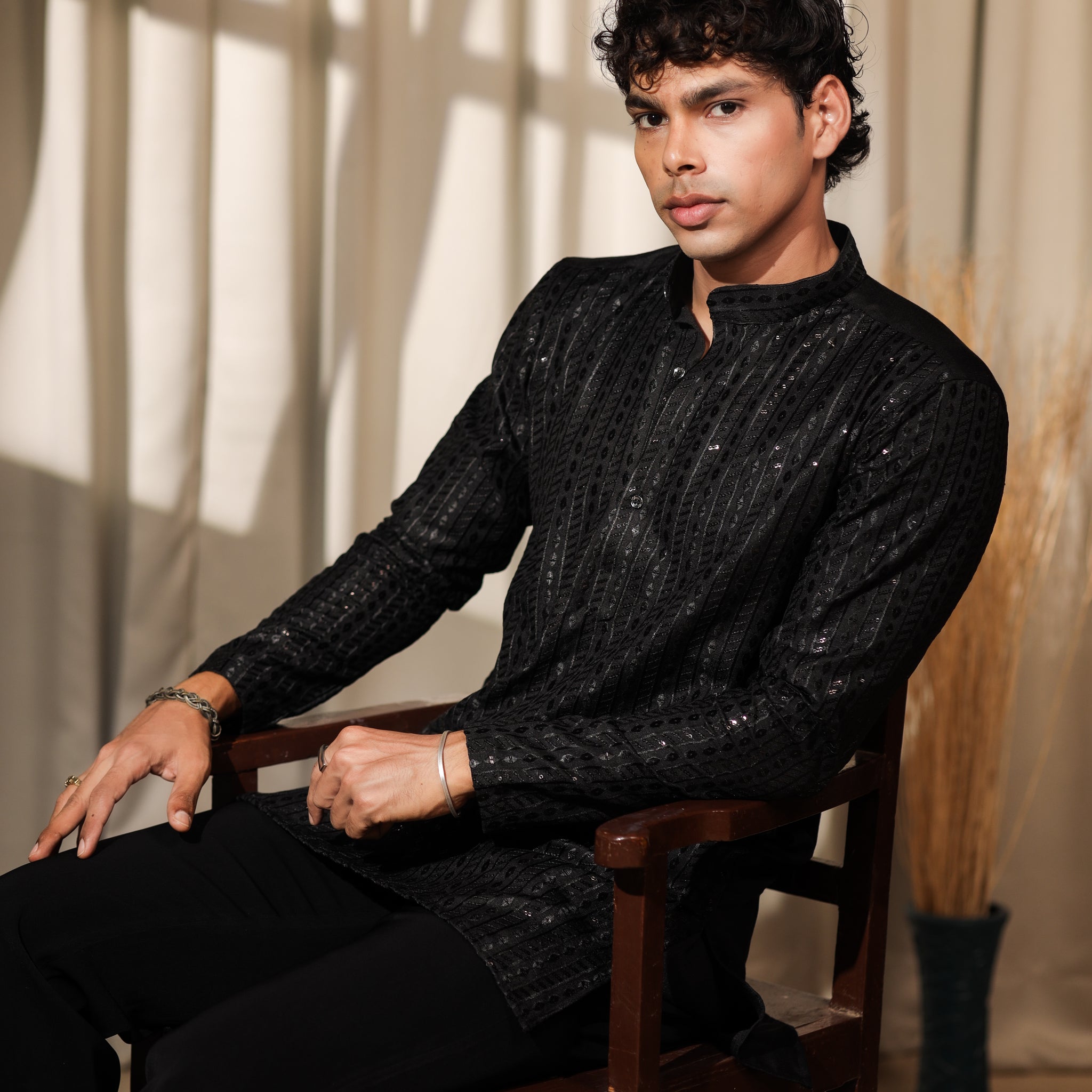 Black Embroidered and Sequence Kurta Set