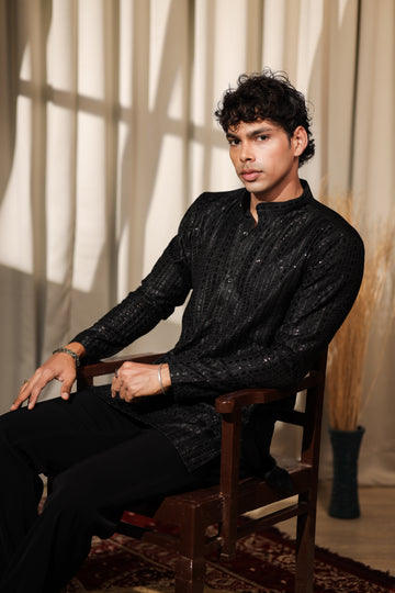 Black Embroidered and Sequence Kurta Set