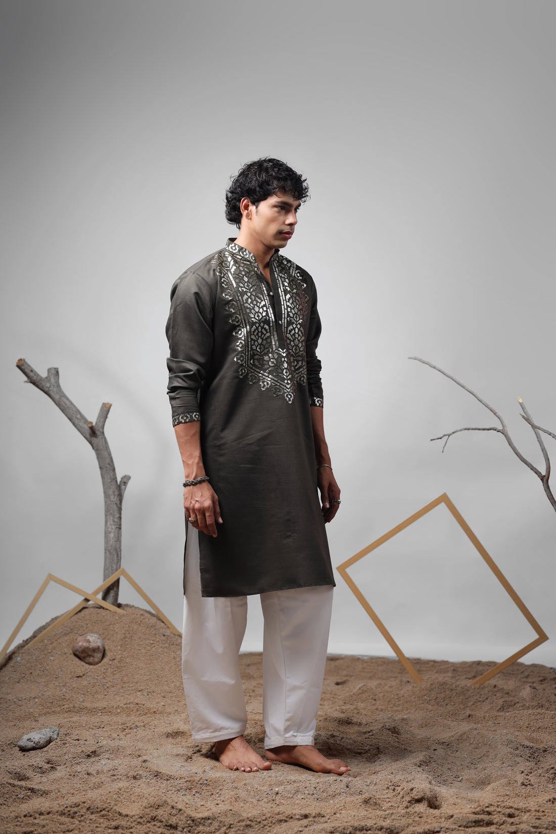 Mehendi Green Foil Work Kurta
