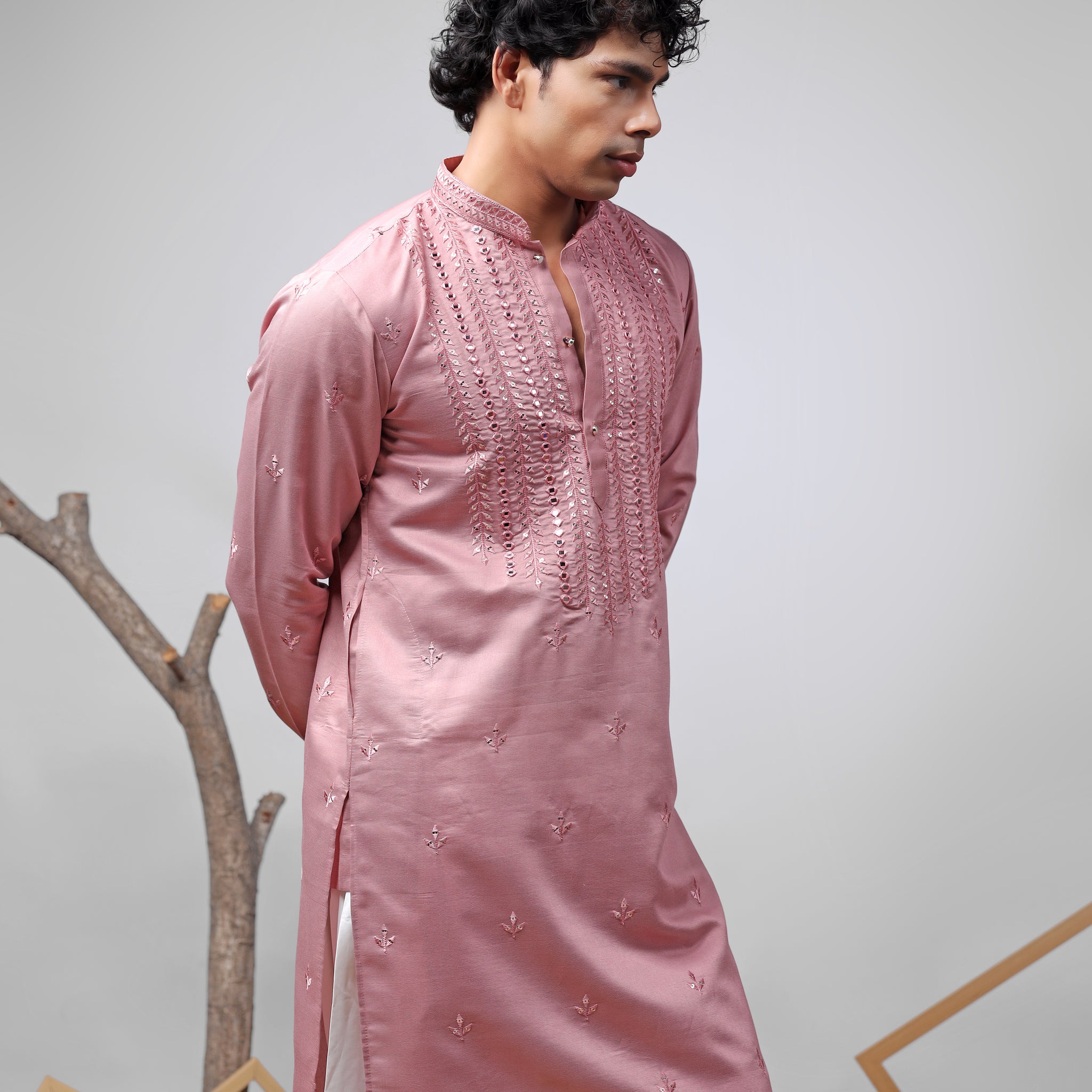 Pink Mirror Work Embroidered Kurta