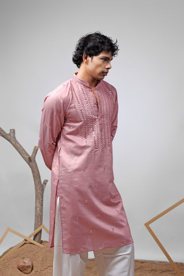 Pink Mirror Work Embroidered Kurta