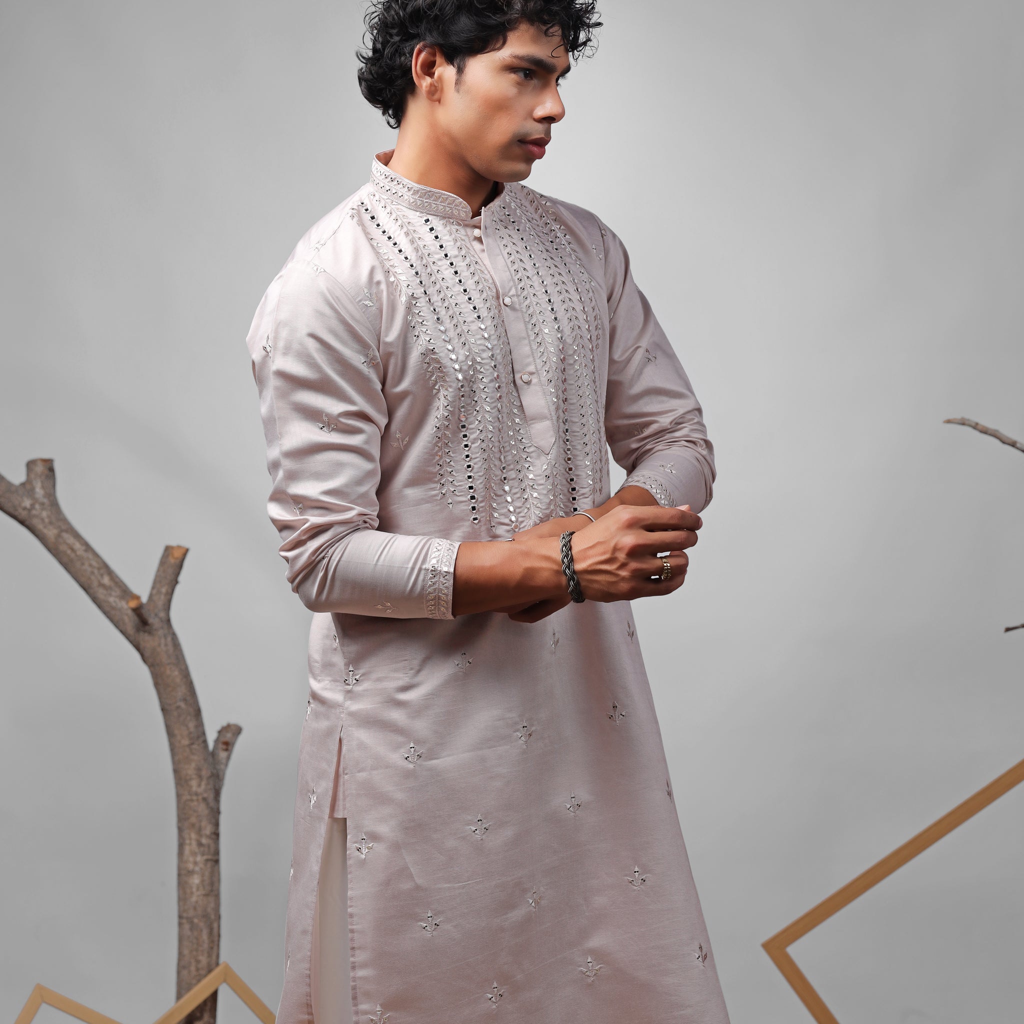Pinkish Grey Mirror Work Embroidered Kurta