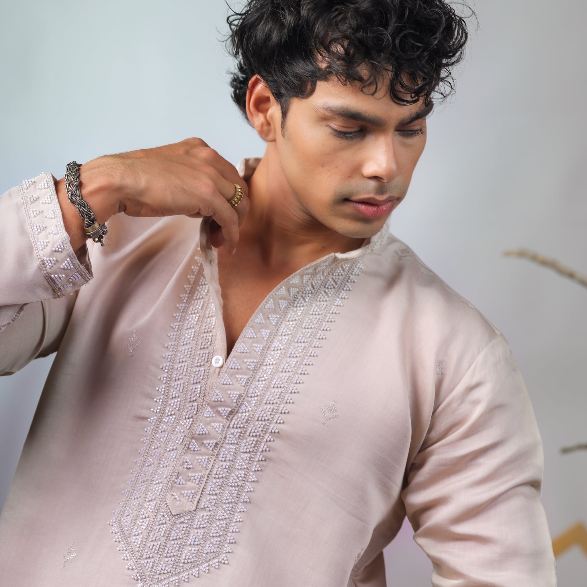 Brownish Grey Beads Work Kurta
