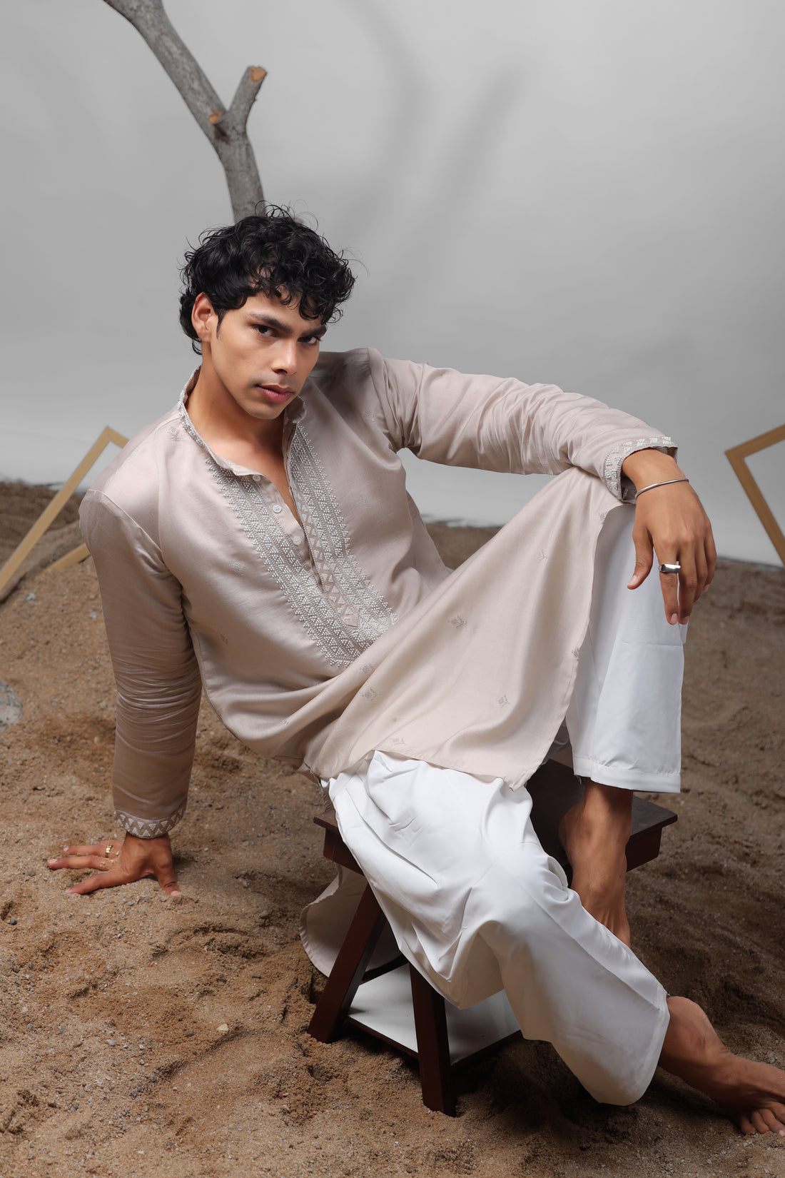 Brownish Grey Beads Work Kurta