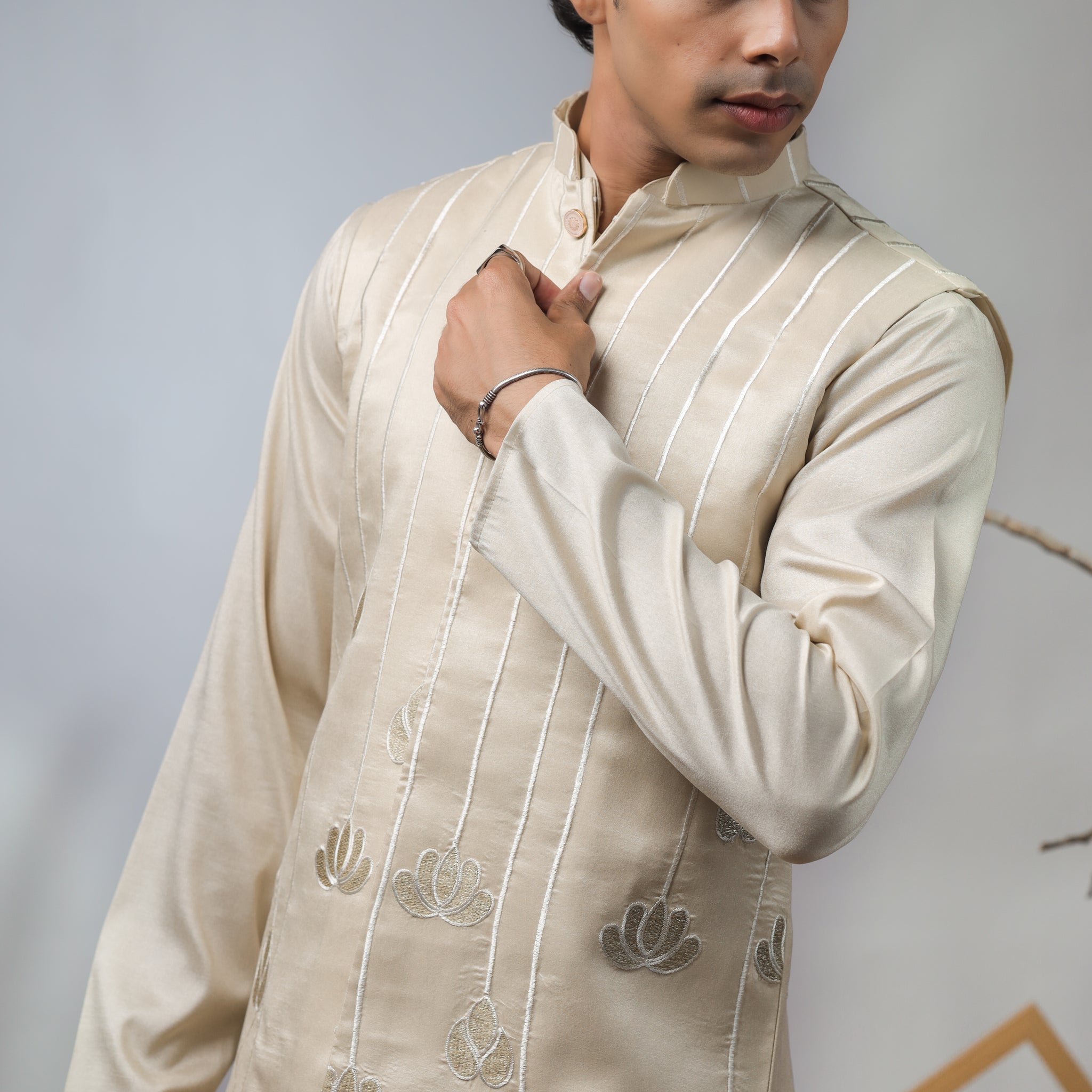Cream Embroidery Nehru Jacket