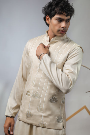Cream Embroidery Nehru Jacket