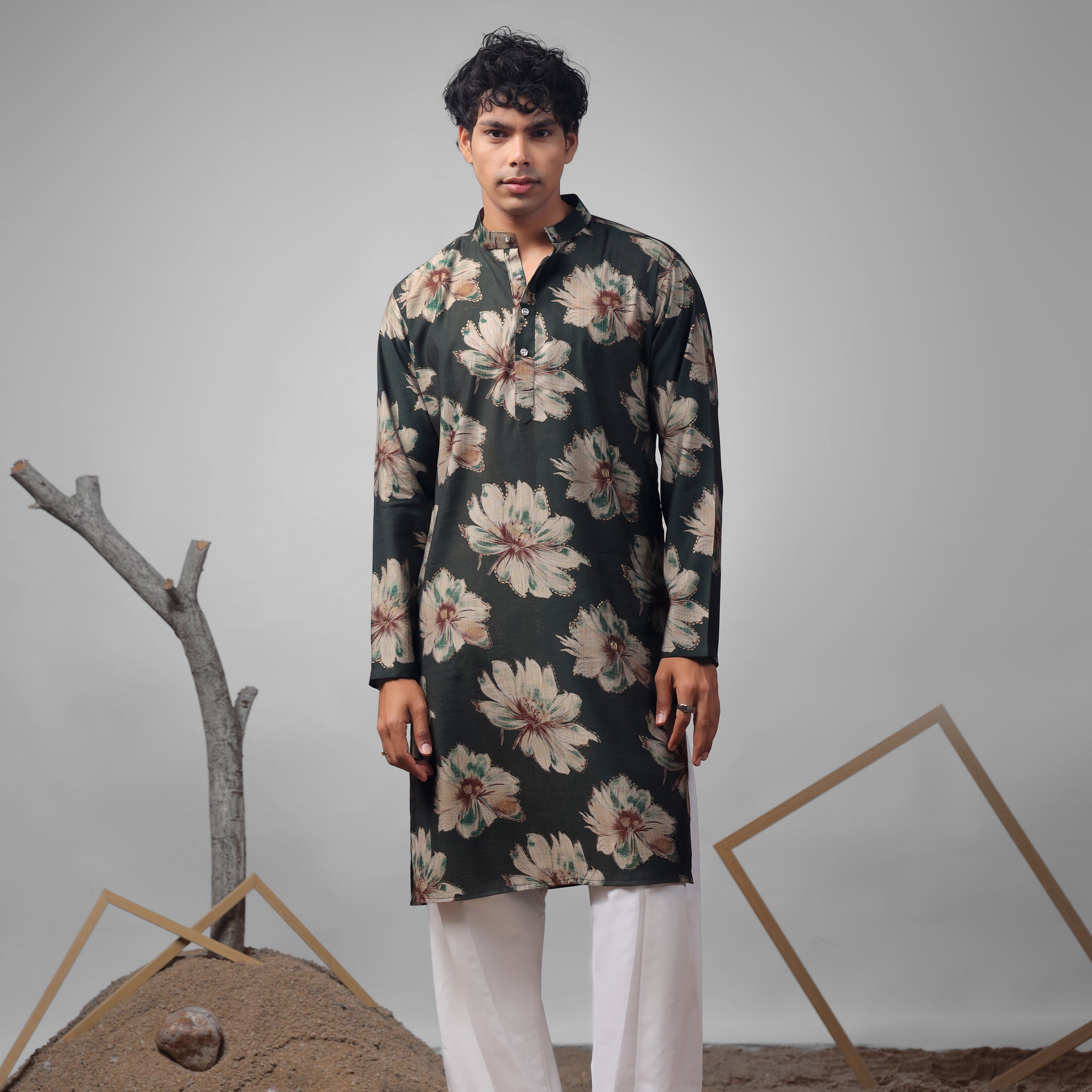 Dark Green Muslin Print Kurta
