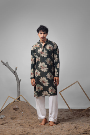 Dark Green Muslin Print Kurta