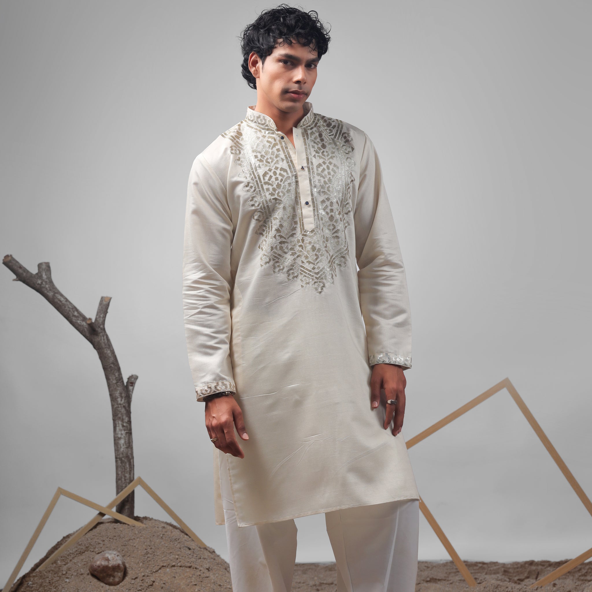 Cream Foil Work Kurta