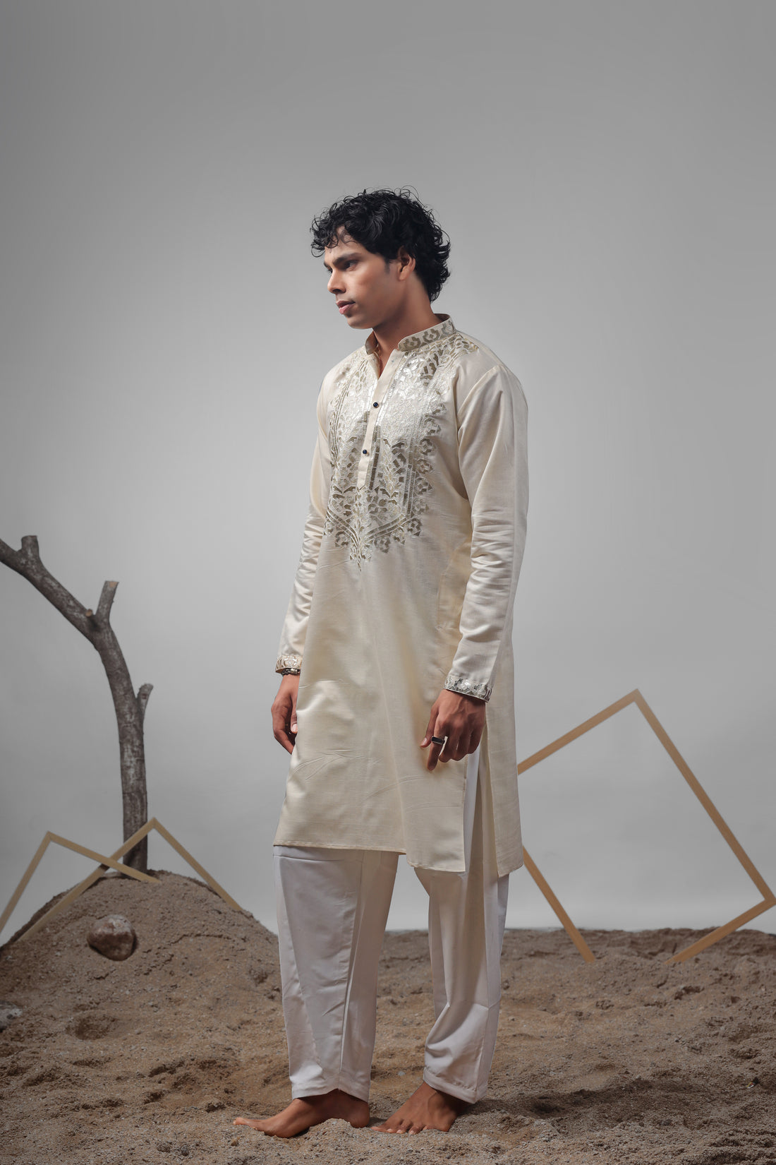 Cream Foil Work Kurta