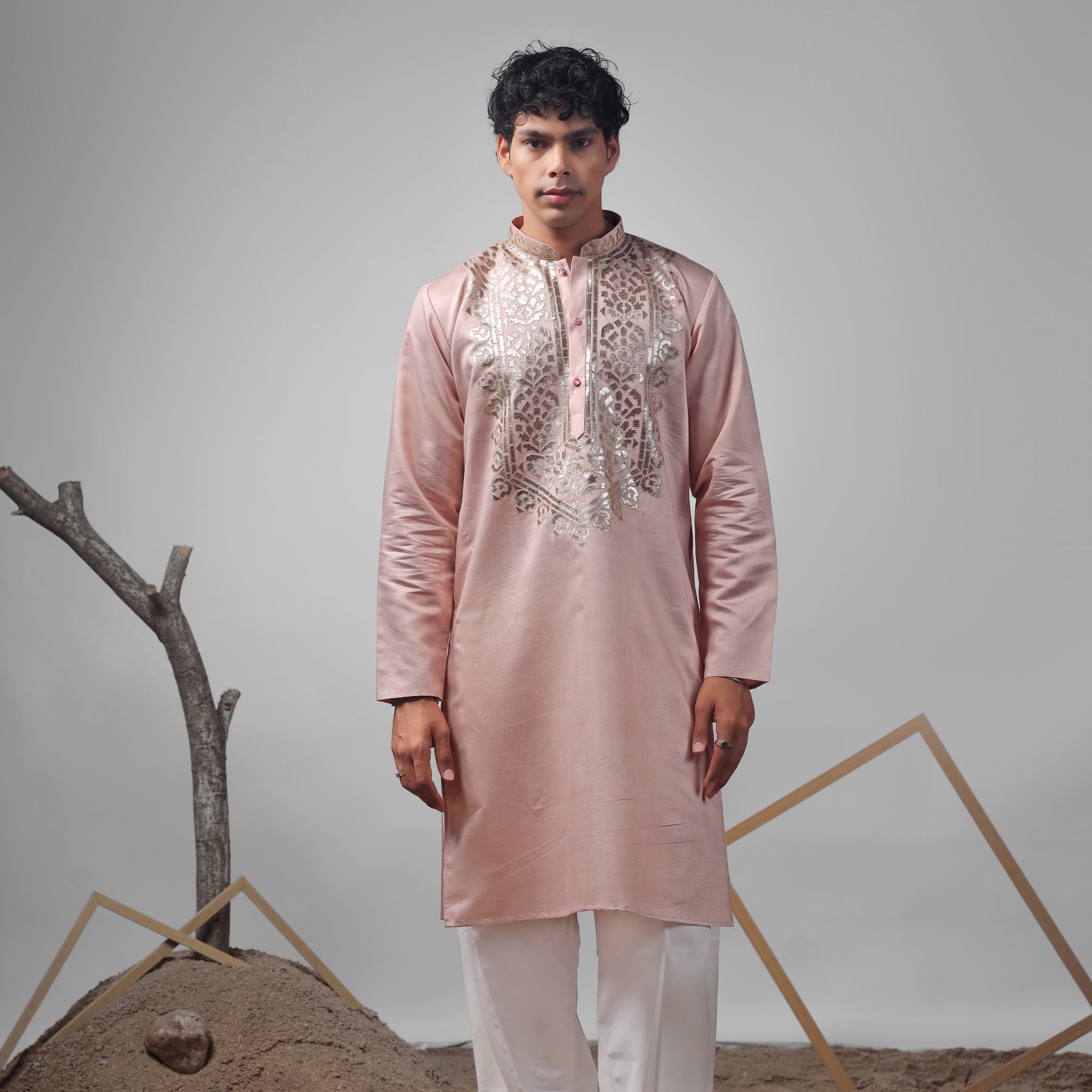 Coral Orange Foil Work Kurta