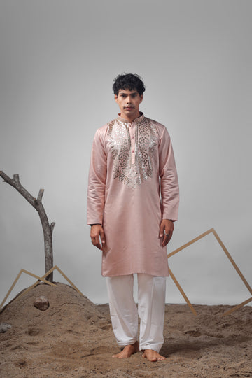 Coral Orange Foil Work Kurta