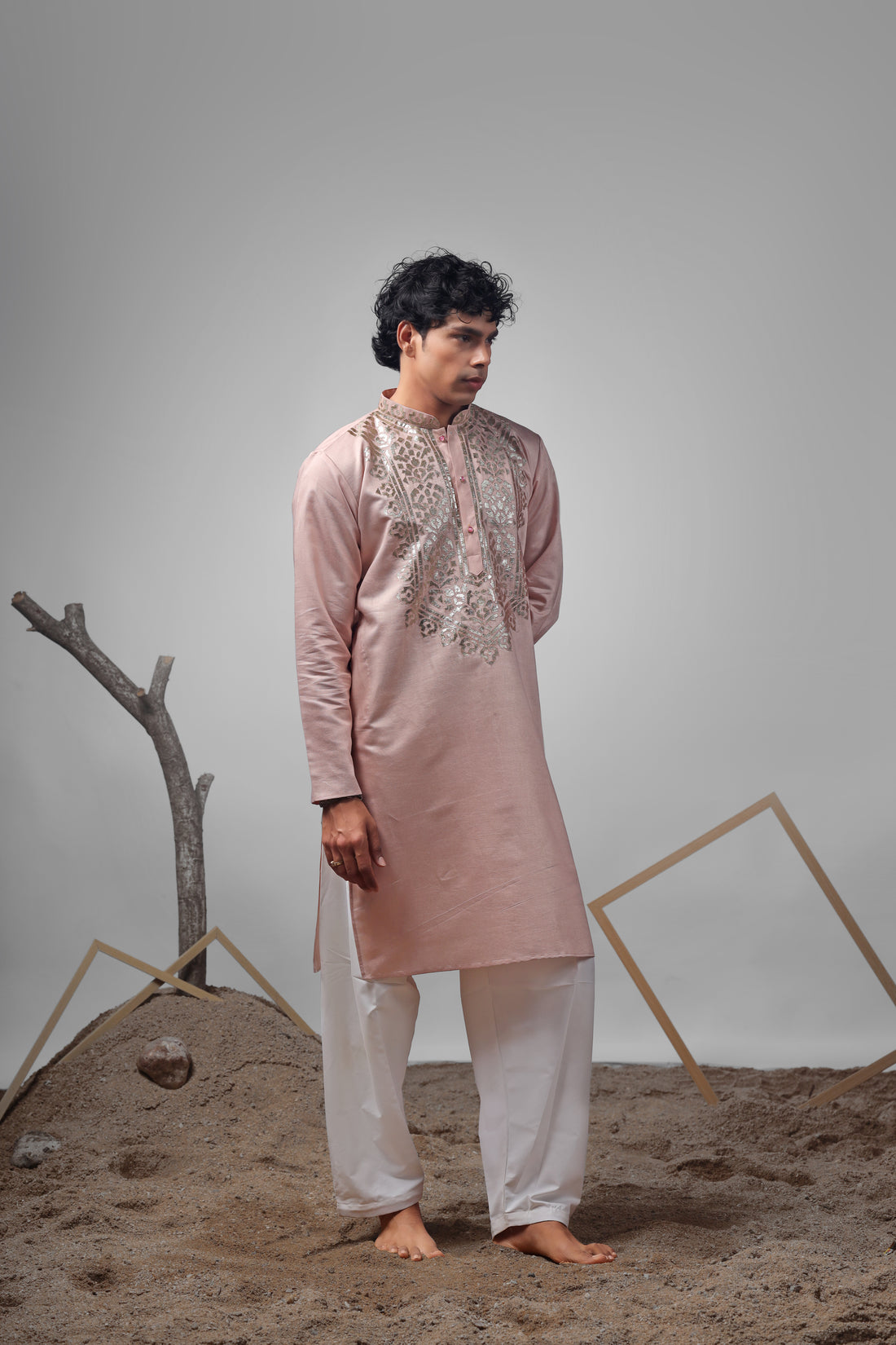 Coral Orange Foil Work Kurta