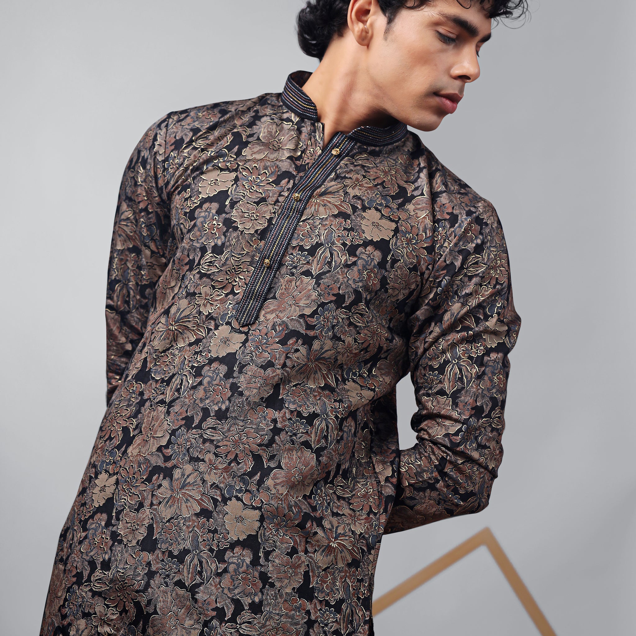 Black Floral Print Kurta