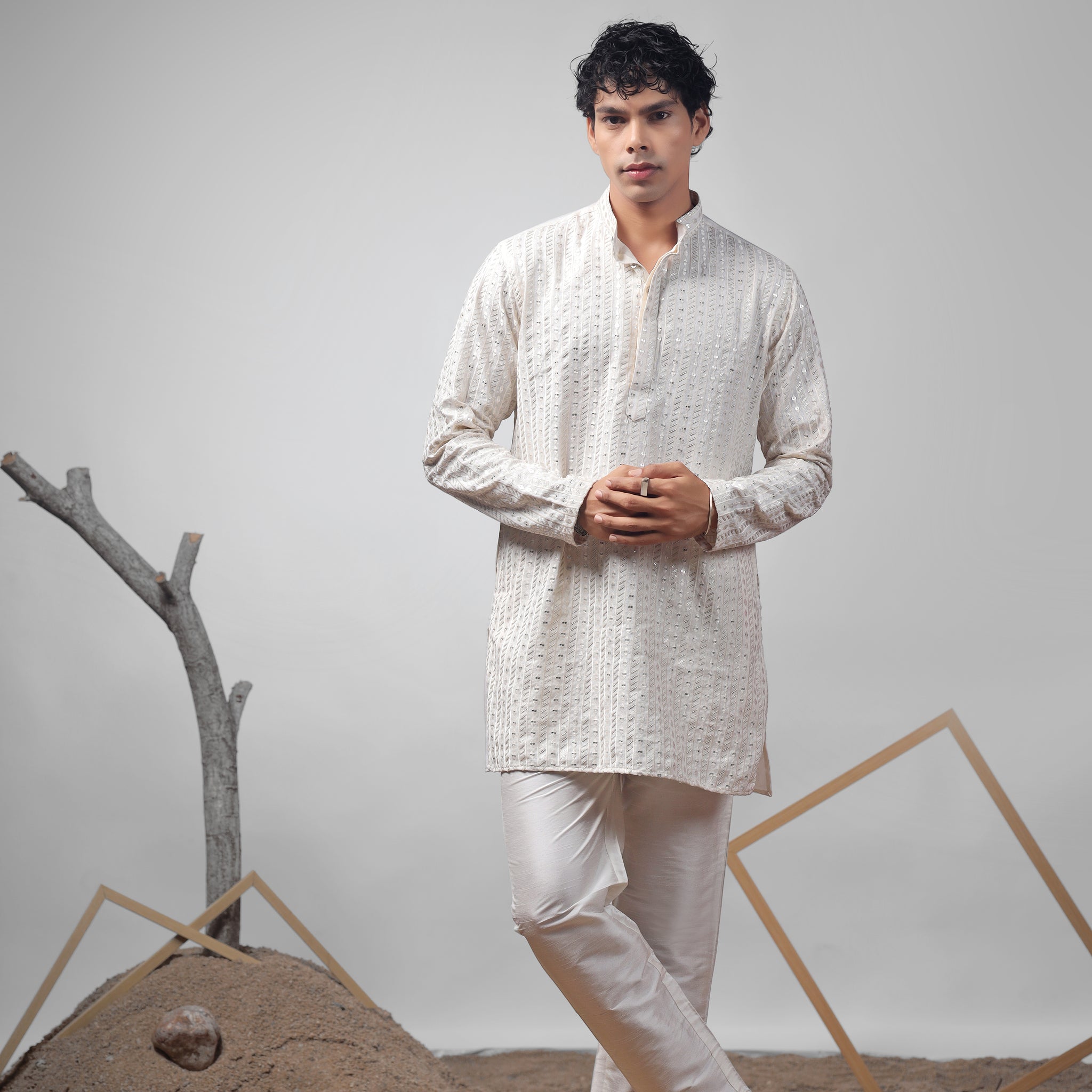 Off White Embroidered and Sequence Kurta Set