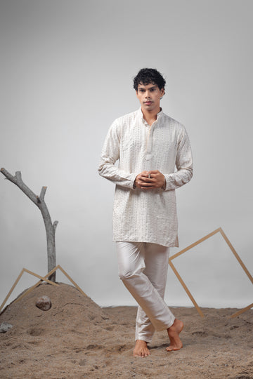 Off White Embroidered and Sequence Kurta Set