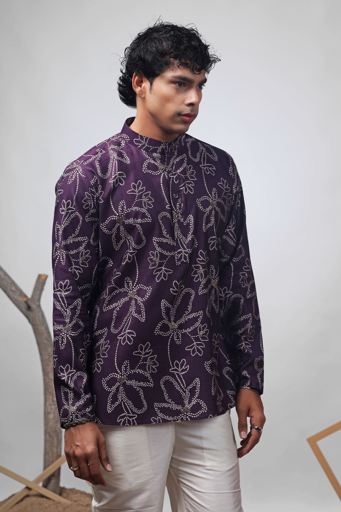 Purple Floral Print Short Kurta