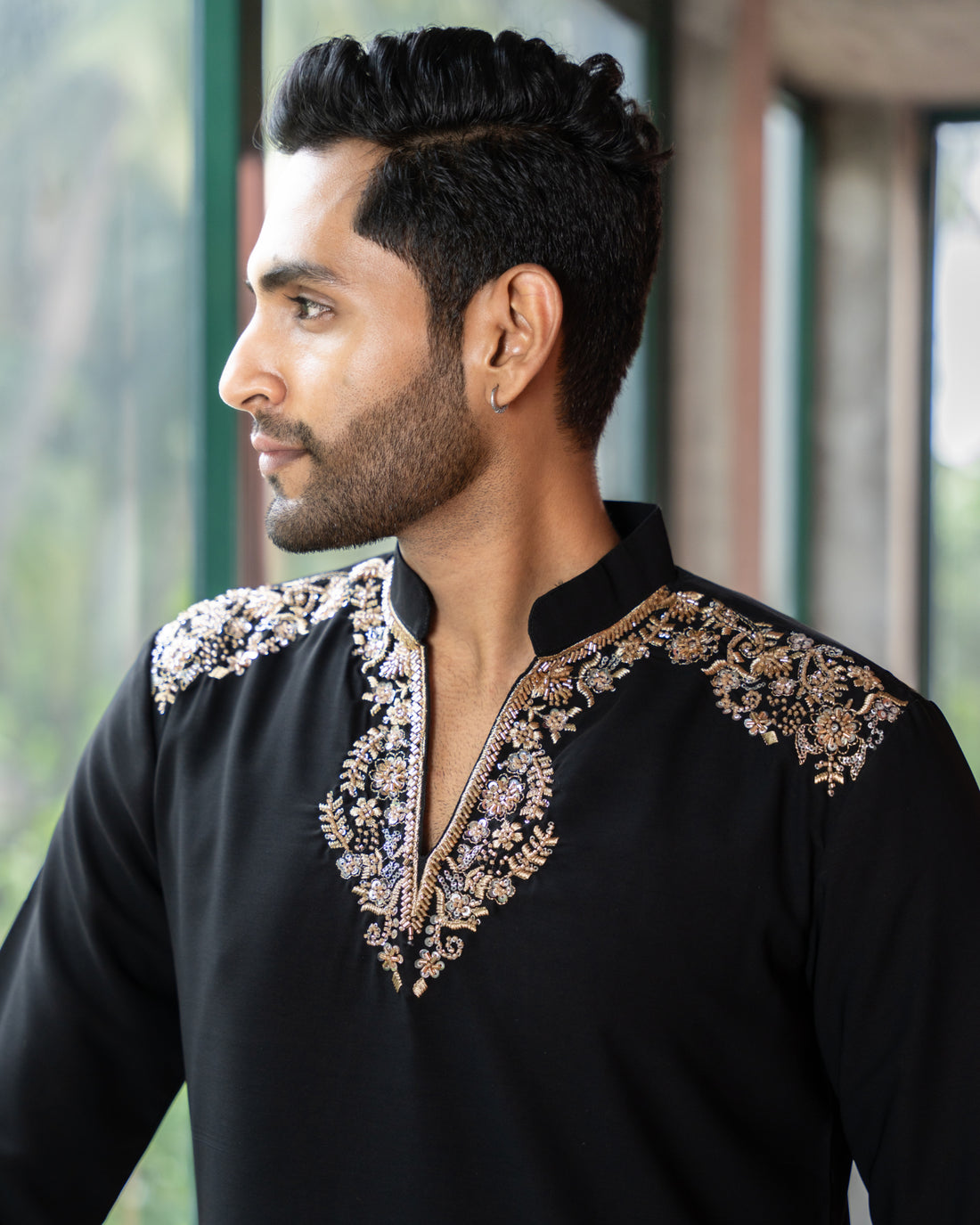 Black Gold Floral Beads Embroidered Kurta