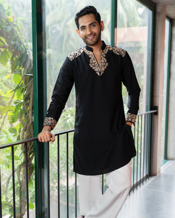 Black Gold Floral Beads Embroidered Kurta
