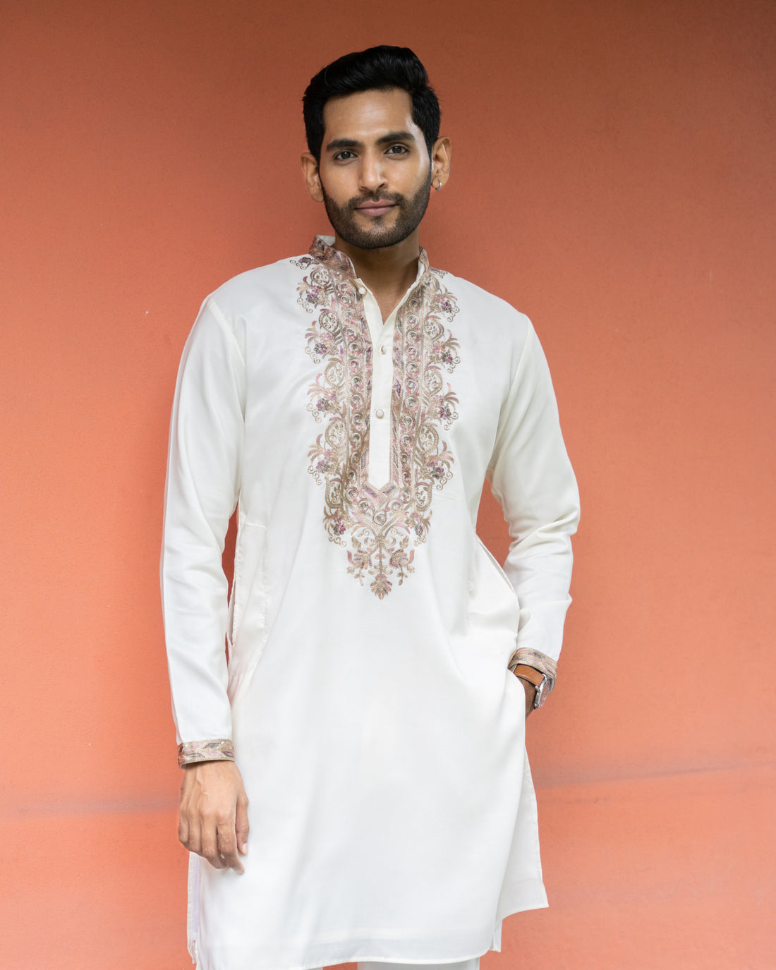 White Premium Embroidered Kurta with Floral Paisley Work