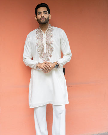 White Premium Embroidered Kurta with Floral Paisley Work
