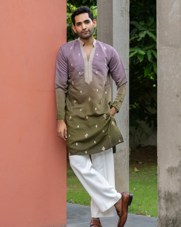 Olive Ombre Motif Embroidered Kurta