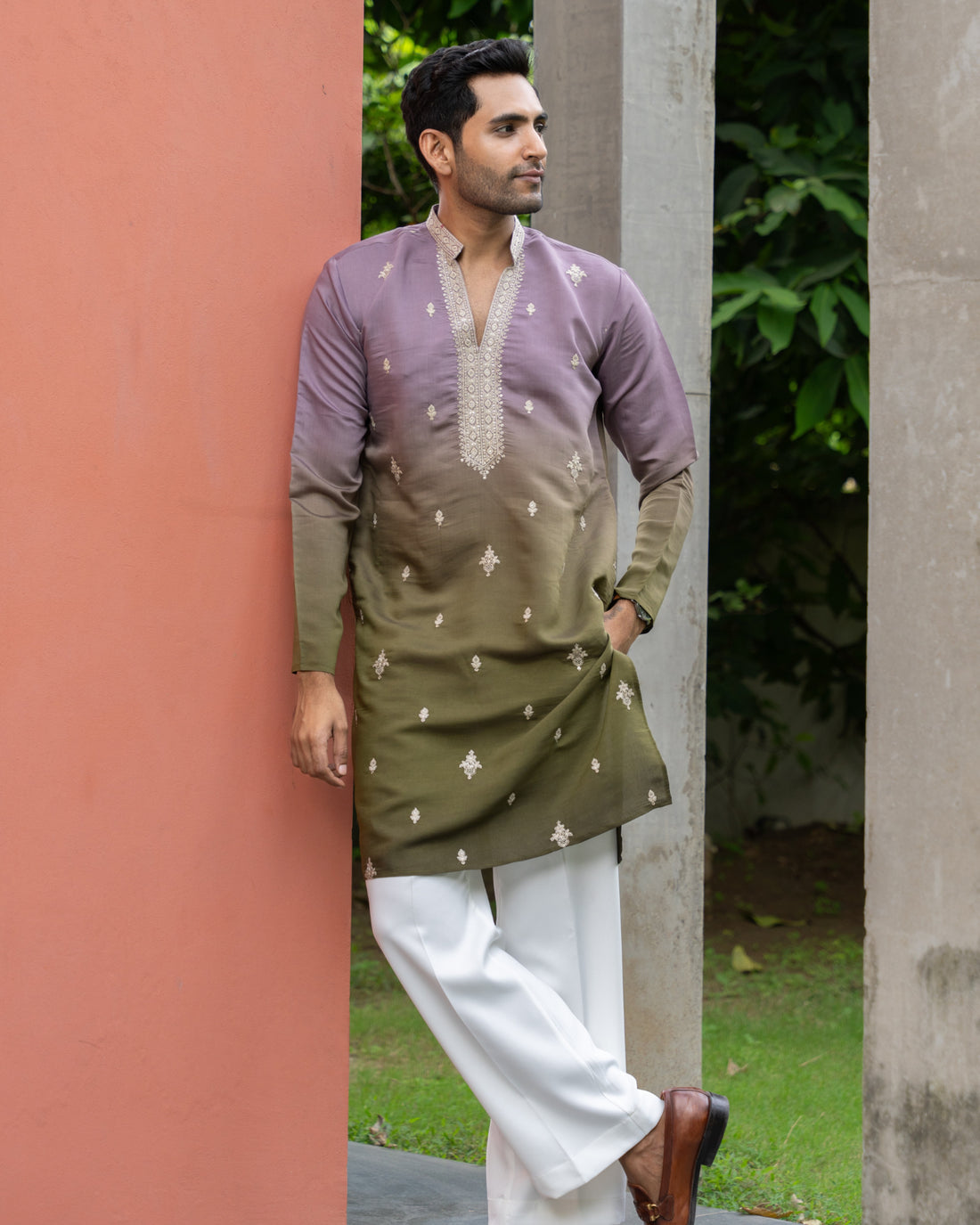Olive Ombre Motif Embroidered Kurta