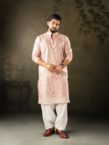 Soft Peach Kurta with Delicate All-Over Embroidery