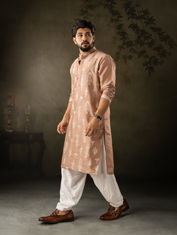 Luxury Peach Embroidered Kurta