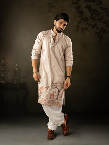 Light Peach Pink Botanical & Wildlife Embroidered Festive Kurta
