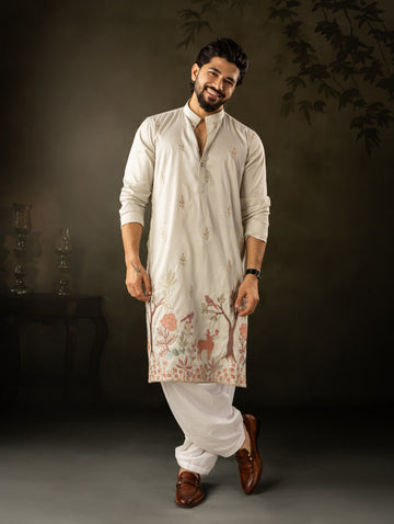 Light green Botanical & Wildlife Embroidered Festive Kurta