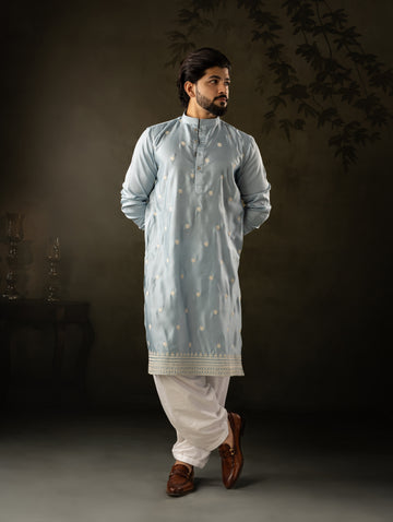 Ice Blue Kurta with Delicate All-Over Embroidery