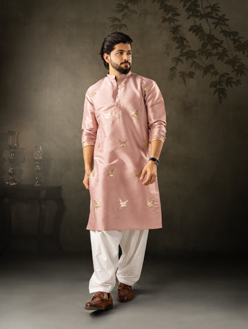 Blush Pink Bird Embroidered Motif Kurta