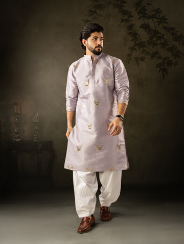 Classic Lilac Bird Embroidered Motif Kurta