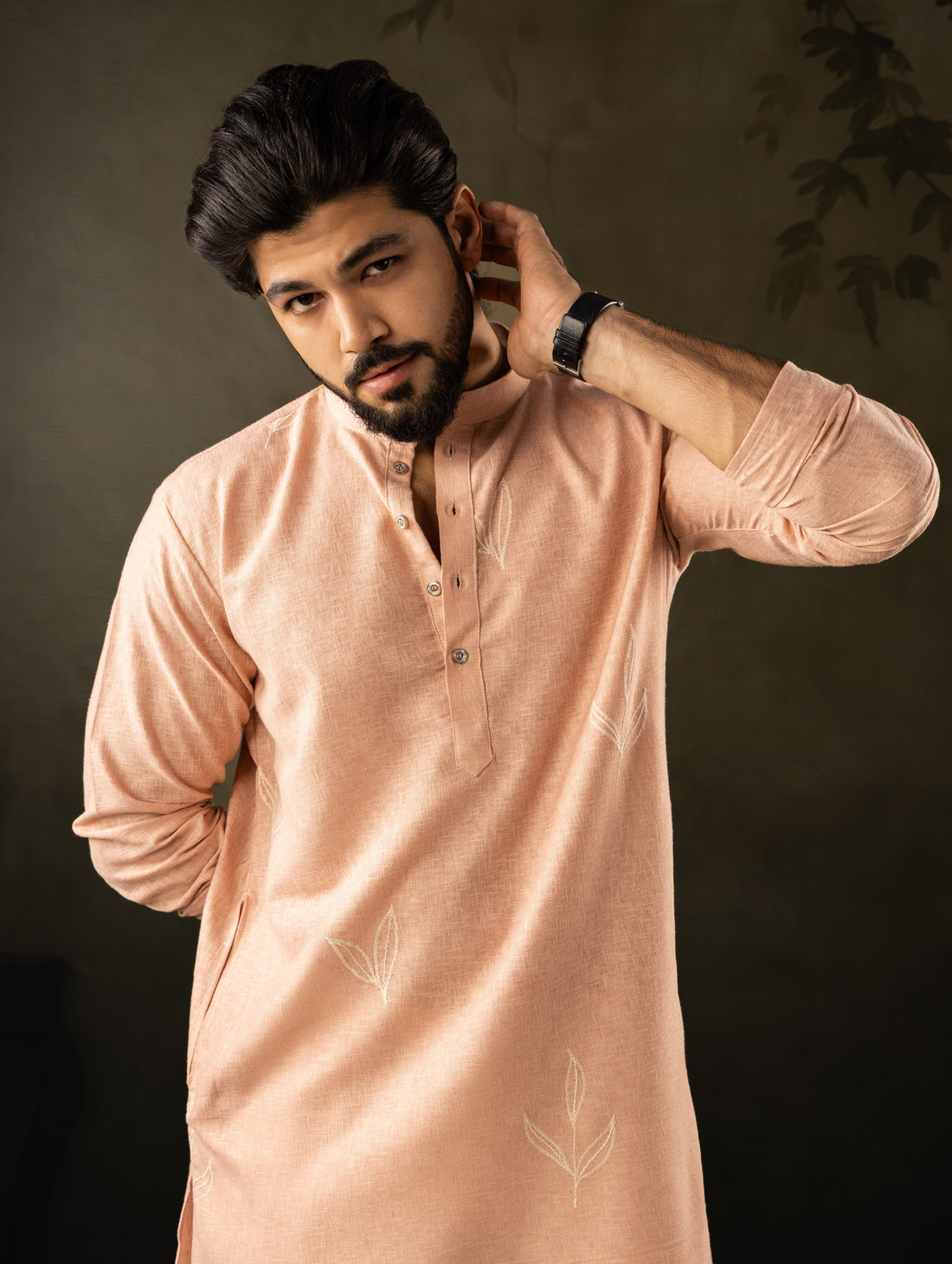 Peach Leaf Embroidery Linen Kurta