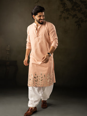 Peach Leaf Embroidery Linen Kurta