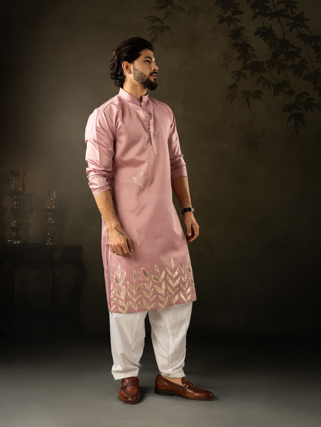 Rose Pink Embroidery Linen Kurta