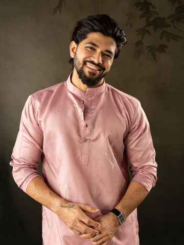 Rose Pink Embroidery Linen Kurta