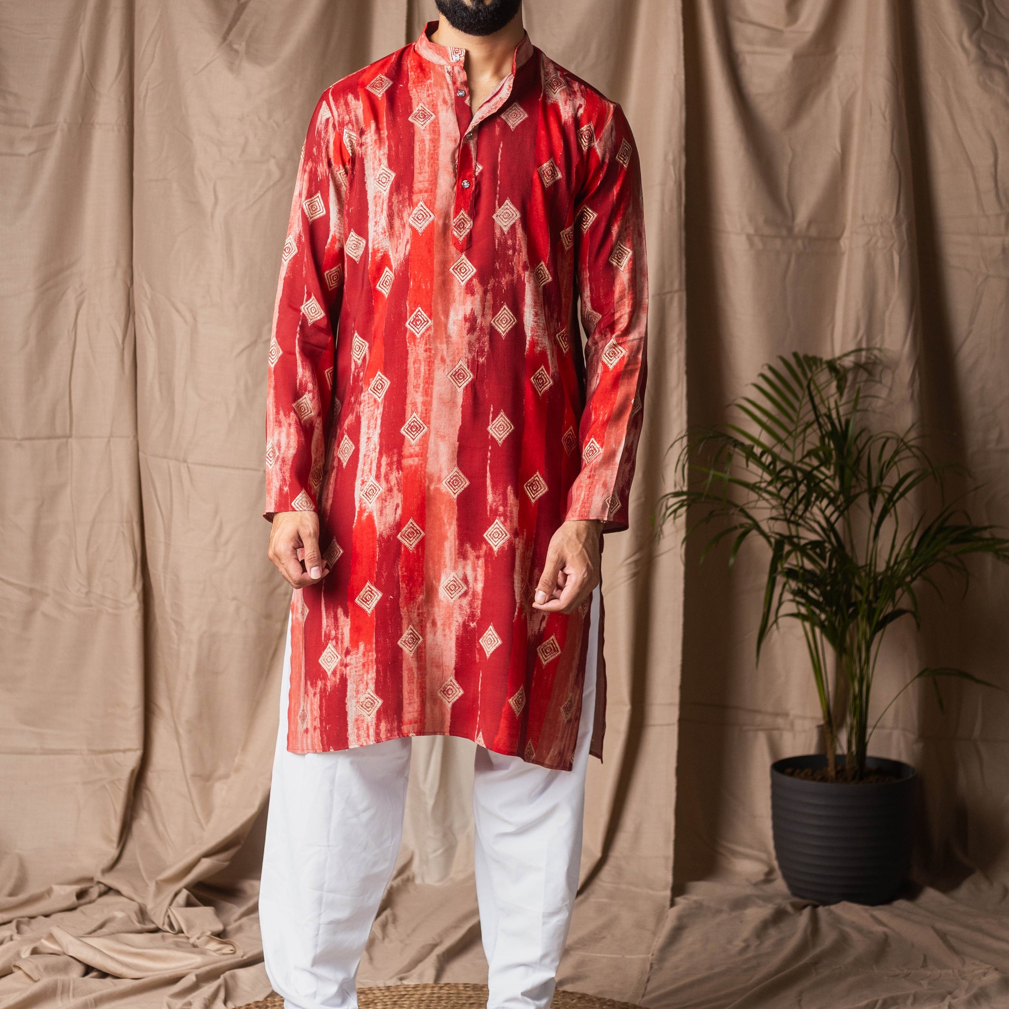 Red Tie Dye Abstract Print Kurta