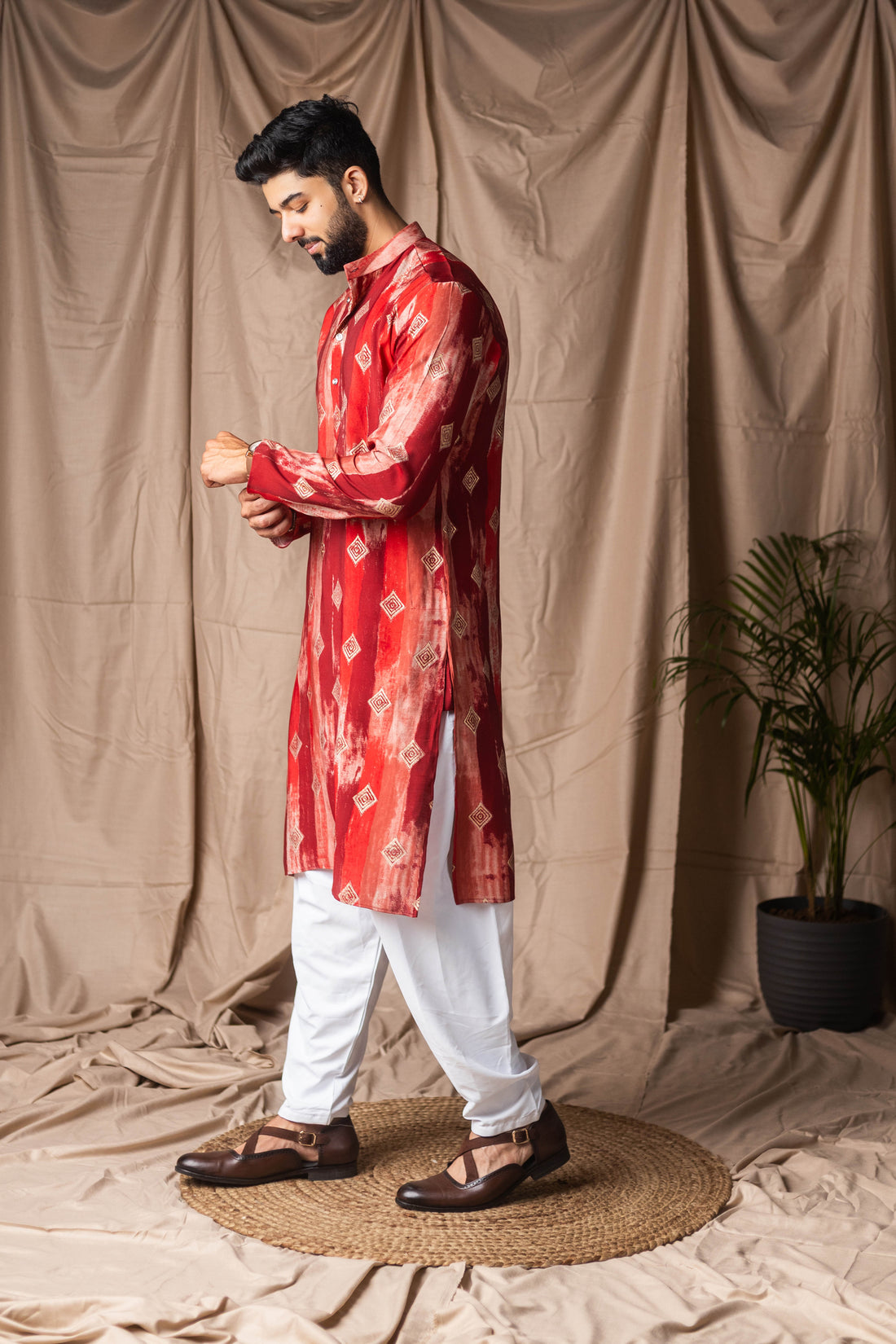 Red Tie Dye Abstract Print Kurta