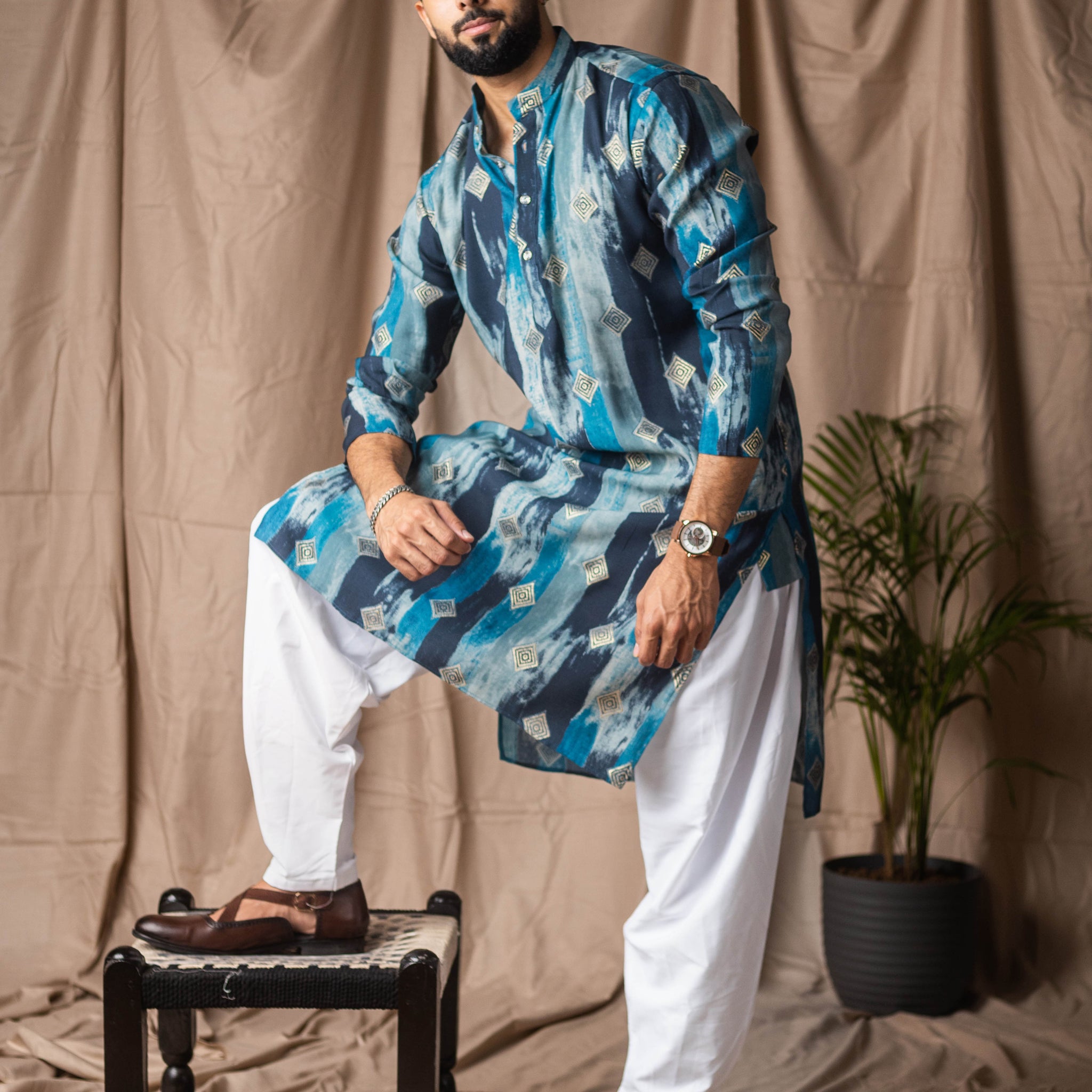 Blue Tie Dye Abstract Print Kurta