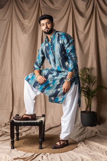 Blue Tie Dye Abstract Print Kurta