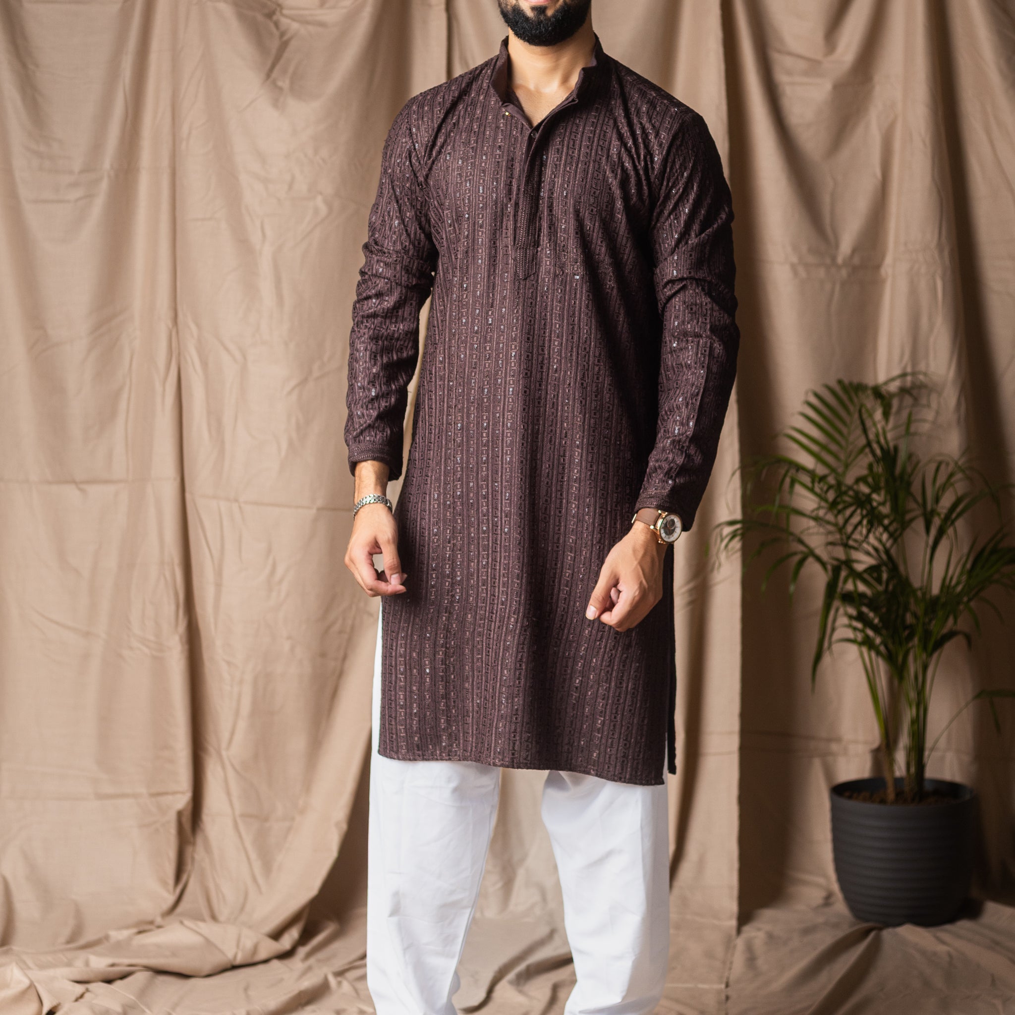 Dark Brown Embroidery and Sequence Kurta